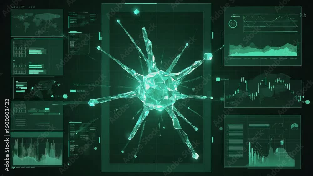 Poster 3d technology green glowing network of ai neural connections chart display background