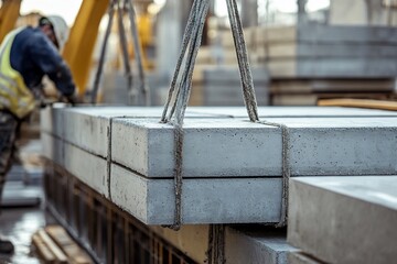 Construction worker lifting precast concrete slabs with a crane at a construction site showcasing modern building materials