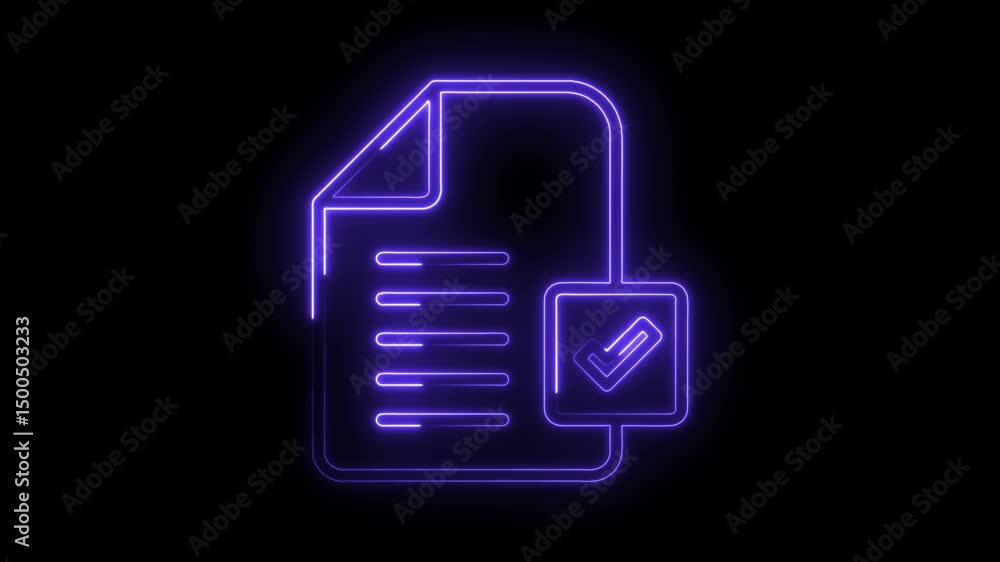 Poster glowing neon file document and checklist icon animation on black background for compliance verificat