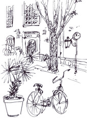 city summer with bike and potted palm tree, travel sketch, mediterranean