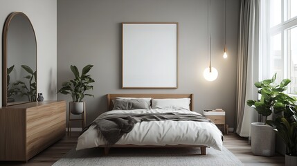 Modern Minimalist Bedroom Interior Design Wooden Bed Plants gray home cozy calm chic white decor    