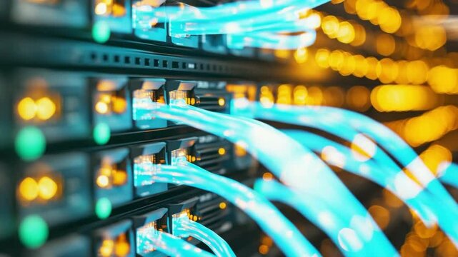 Fiber optic cable network switch with glowing lights enabling fast data transfer technology in modern data center environment