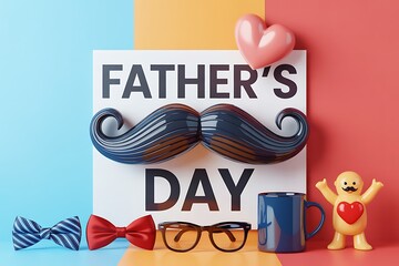 Father's Day Still Life with Mustache Bow Ties Mug Toy and Heart Icon on Colorful Backdrop