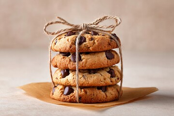 Chocolate Chip Cookies with Natural Wrapping: Indulge in a delectable stack of freshly baked chocolate chip cookies. These treats are lovingly tied with a natural rope.