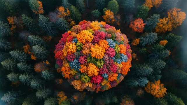 Vibrant cluster of colorful trees forms circular pattern in forest with seasonal foliage and aerial landscape showcasing natures stunning beauty