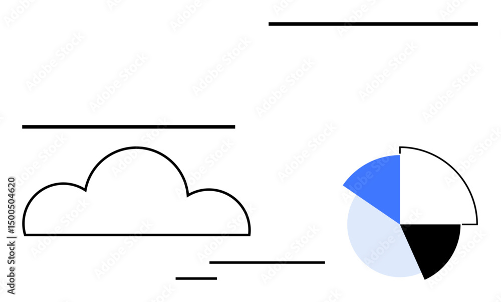 Poster cloud image next to a segmented pie chart in blue, black, and white tones. ideal for data analysis, 