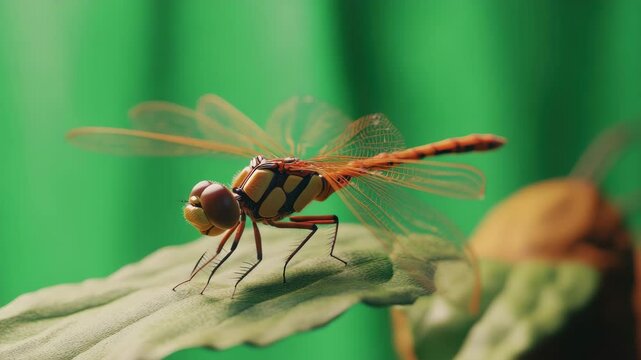 Detailed Close-Up of a Dragonfly Resting Calmly on a Lush Green Leaf Surface