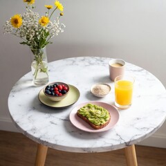 a healthy breakfast setup on a white marble table