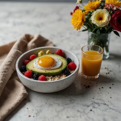 a healthy breakfast setup on a white marble table