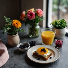 a healthy breakfast setup on a white marble table
