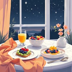a healthy breakfast setup on a white marble table