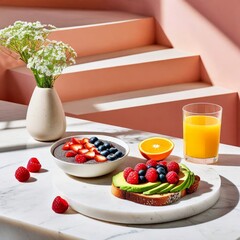 a healthy breakfast setup on a white marble table