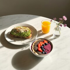 a healthy breakfast setup on a white marble table