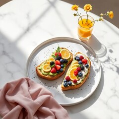 a healthy breakfast setup on a white marble table