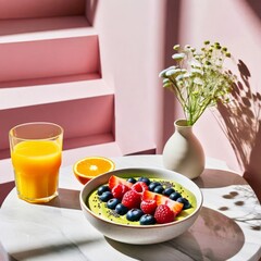 a healthy breakfast setup on a white marble table