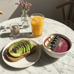 a healthy breakfast setup on a white marble table