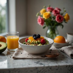 a healthy breakfast setup on a white marble table