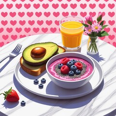 a healthy breakfast setup on a white marble table