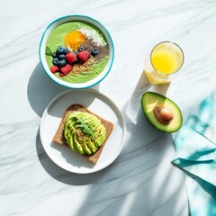 a healthy breakfast setup on a white marble table