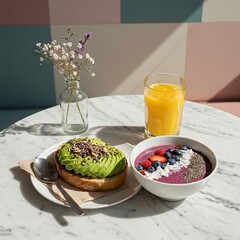 a healthy breakfast setup on a white marble table