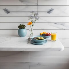 a healthy breakfast setup on a white marble table