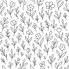 Minimal Floral Seamless Pattern with Hand Drawn Botanical Line Art in Black and White