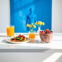 a healthy breakfast setup on a white marble table