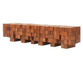 Obraz premium Modern wooden bench crafted from interlocking cubes isolated on a white background, On Transparent Background, Png