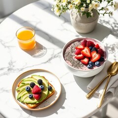 a healthy breakfast setup on a white marble table