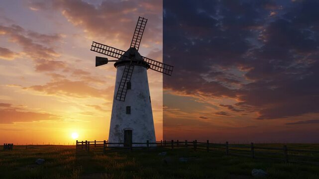 windmill in a field of tall grass at sunset,Majestic windmill against a vibrant sunset sky.Rustic charm meets natural beauty.Seamless looping 4k time-lapse virtual video animation background.4k video