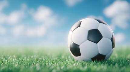 Fototapeta premium Soccer Ball on Grass Field Summer Sky Background Sports Photography