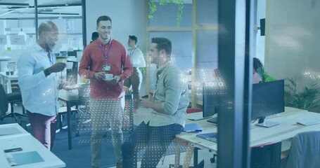 Colleagues gathering at desk, growing chat over coffee while biz data overlay floating