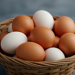 Fresh organic brown and white chicken eggs in a wicker basket for a healthy farm breakfast