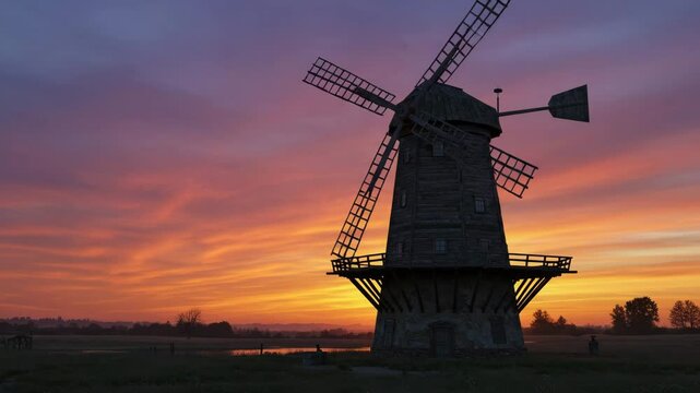 Majestic windmill a vibrant sunset sky. Rustic charm meets natural beauty. Seamless looping 4k time-lapse virtual video animation background. 4k video, a windmill in a field of tall grass at sunset, 