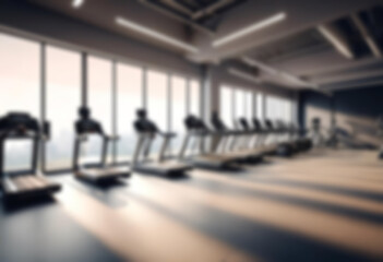 Abstract blurred fitness gym with equipment in the background, little sunlight coming in, blurry gym interior.
