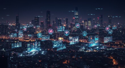 Fototapeta premium Panoramic Cityscape at Night with Glowing Lights and Digital Data Visualization Photo