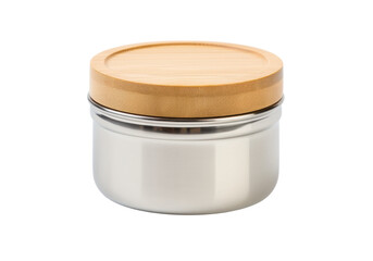 Stainless steel container with bamboo lid isolated on a white background, On Transparent Background, Png
