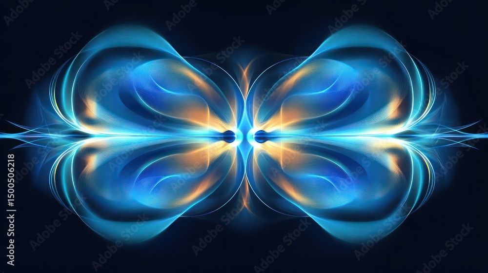 Poster symmetrical abstract design with glowing blue and gold patterns.