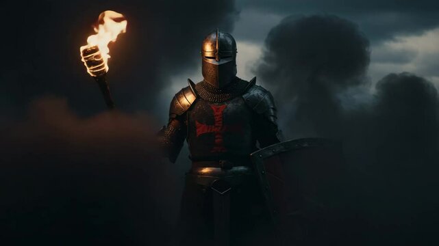 holding a flaming torch, Courageous knight wielding a flaming torch amidst thick black smoke Seamless looping 4k time-lapse virtual video, knight in full plate armor and a helmet, 