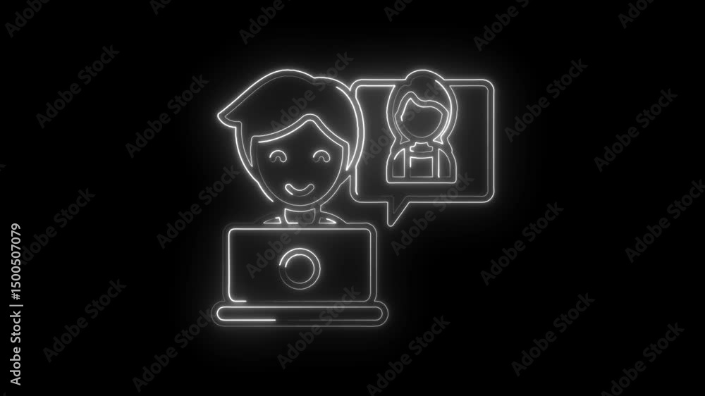 Poster neon style animation of remote work communication between two people using laptop