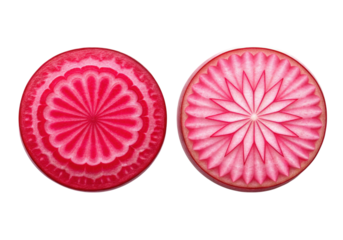 Two carved radish slices isolated on a white background, intricate designs, vibrant red and white, On Transparent Background, Png