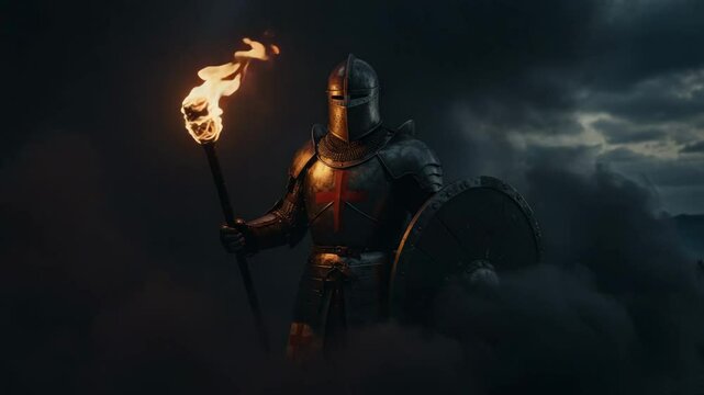 holding a flaming torch, 4k video, Courageous knight wielding a flaming torch amidst thick black smoke Seamless looping 4k time-lapse virtual video, knight in full plate armor and a helmet, 