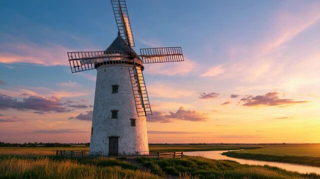 Majestic windmill against a vibrant sunset sky. Rustic charm meets natural beauty. Seamless looping 4k time-lapse virtual video animation background. a windmill in a field of tall grass at sunset, viv