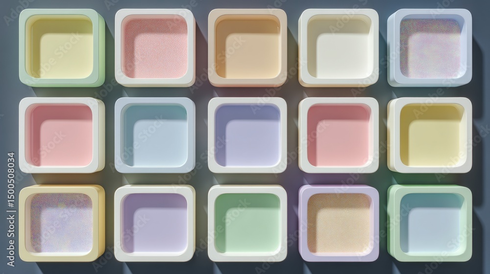 Poster pastel square display shelves empty boxes mockup product showcase minimalist backgroun