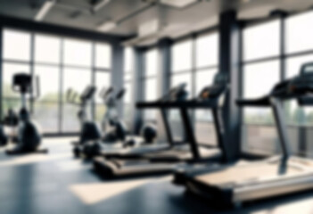 Fototapeta premium Abstract blurred fitness gym with equipment in the background, little sunlight coming in, blurry gym interior.