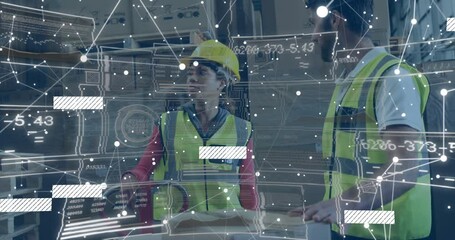As digital schematics appearing construction crew inspecting crate in warehouse while guiding plan - Powered by Adobe