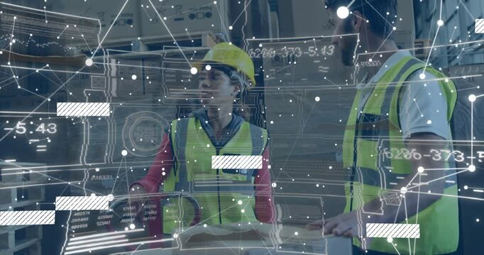 As digital schematics appearing construction crew inspecting crate in warehouse while guiding plan
