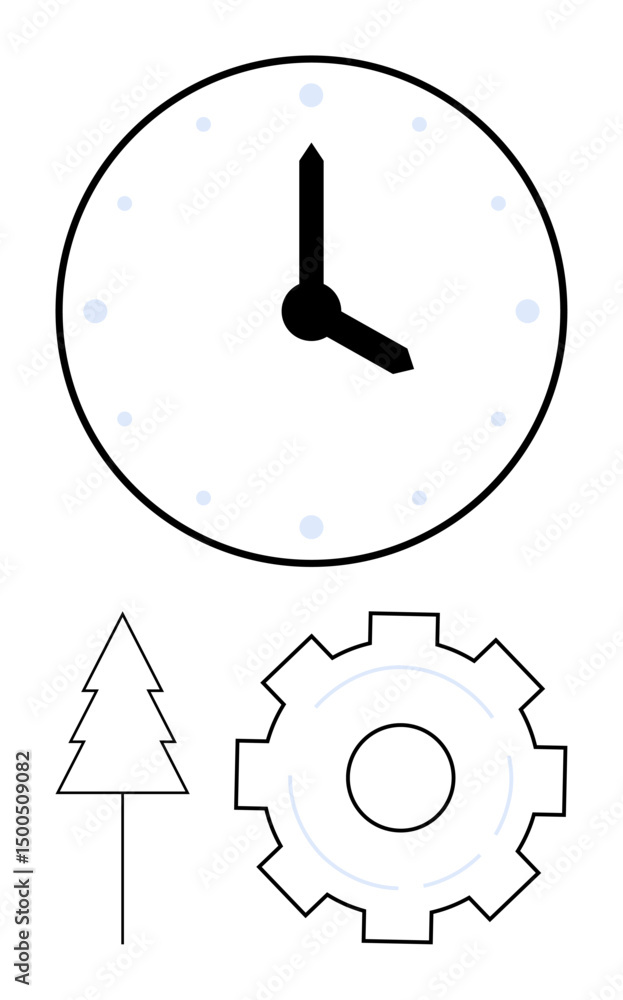 Aufkleber large analog clock with simple hands, triangular tree, and outlined gear. ideal for time management,