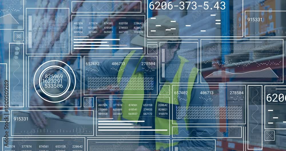 Poster warehouse worker scanning box with handheld scanner, updating logistics inventory chart overlays