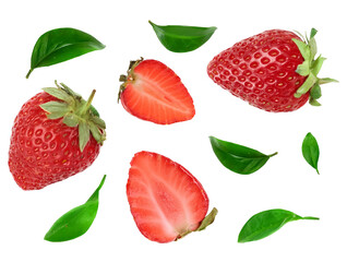 fresh strawberries and leaves on transparent background.